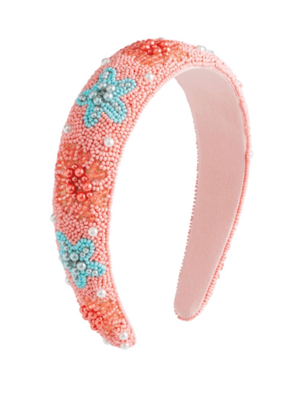 Mud Pie Coral Beaded Floral Headband with Turquoise Accents